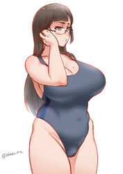  blaccura black_eyes breasts brown_hair cleavage commentary_request competition_swimsuit female glasses huge_breasts long_hair mole mole_on_breast navel one-piece_swimsuit original plump simple_background solo swimsuit thighs twitter_username white_background 