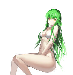  bad_id bad_pixiv_id bare_shoulders between_legs bikini bottomless breasts c.c. cleavage code_geass commentary female green_hair hand_between_legs highres legendwarrior long_hair looking_at_viewer medium_breasts navel photoshop_(medium) scar simple_background solo swimsuit symbol-only_commentary white_background white_bikini yellow_eyes 