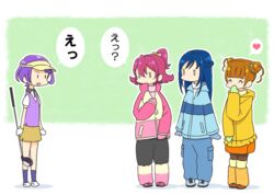  4girls ^_^ aida_mana bad_id bad_pixiv_id blue_hair braid closed_eyes coat covering_own_mouth dokidoki!_precure double_bun dressing golf_club hair_bun half_updo heart hishikawa_rikka kenzaki_makoto long_hair lucille multiple_girls o_o orange_hair pantyhose pink_hair precure purple_hair short_hair smile spoken_heart standing visor_cap winter_clothes yotsuba_alice 