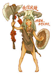  axe barefoot facial_mark feet female female full_body hat kome necklace open_mouth original shield simple_background skull solo standing tribal weapon white_background 