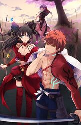  1boy 2girls black_hair black_ribbon black_skirt blue_pants breasts choker cleavage collarbone commentary_request day earrings emiya_shirou fate/grand_order fate_(series) field_of_blades floating_hair flower hair_between_eyes hair_ribbon holding holding_sword holding_weapon jewelry k-rumi katana long_hair looking_back magic_circuit matou_sakura matou_sakura_(imaginary_around) medium_breasts miniskirt multiple_girls orange_hair outdoors pants pink_skirt planted planted_sword purple_flower purple_hair red_legwear red_ribbon ribbon senji_muramasa_(fate) single_bare_shoulder skirt standing sword thighhighs tohsaka_rin tohsaka_rin_(formalcraft) tree weapon yellow_eyes zettai_ryouiki 