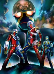  3boys commentary_request cyborg glowing glowing_eyes hakaider highres jinzou_ningen_kikaider kikaider kikaider_(series) kikaider_00 kikaider_01 kikaider_01:_the_animation kikaider_01_(series) multiple_boys yusao 