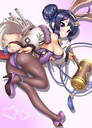  absurdres ahoge animal_ears ass azur_lane black_hair black_pantyhose commentary_request derivative_work double_bun female hair_bun high_heels highres holding looking_at_viewer machinery ning_hai_(azur_lane) ning_hai_(moon_palace_rabbit)_(azur_lane) official_alternate_costume oooqqq pantyhose playboy_bunny rabbit_ears smile solo toy_hammer turret 