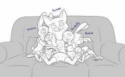  2017 :3 anthro better_version_at_source canid canine clothed clothing disney ear_over_eye english_text fan_character female fox furniture group hug kneeling lagomorph leporid male mammal rabbit reclining restricted_palette simple_background sitting smile sofa text tggeko white_background young young_anthro zootopia 