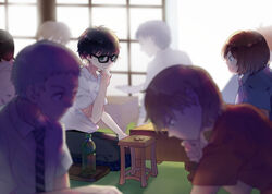  6+boys black-framed_eyewear black_hair blurry blurry_background board_game bottle brown_hair commentary eye_contact glasses green_eyes hand_on_own_chin indoors kiriyama_rei kneeling light_brown_hair looking_at_another luo. male_focus multiple_boys necktie nikaidou_harunobu sangatsu_no_lion shirt shogi sitting smile striped striped_necktie thinking water_bottle white_shirt 