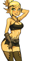  belt belt_buckle blonde_hair breasts brown_gloves buckle bustier cleavage commentary cra_(wakfu) english_commentary evangelyne_(wakfu) female freckles gloves green_eyes hair_ornament hairclip hand_in_own_hair highres maniacpaint medium_breasts midriff miniskirt parted_lips pointy_ears short_hair side_slit skirt smile solo swept_bangs thighhighs wakfu 