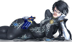  alternate_hair_length alternate_hairstyle amulet bad_id bad_pixiv_id bayonetta bayonetta_(series) bayonetta_2 black_hair blue_eyes bodysuit breasts elbow_gloves female glasses gloves gun handgun head_rest kasu_(kasunohikari) large_breasts licking_lips lipstick lying makeup mole on_side short_hair solo tongue tongue_out weapon white_gloves 