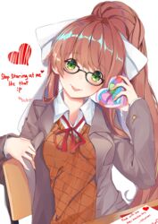  :p absurdres arm_rest artist_name bespectacled blazer blush bow box breasts brown_hair chair collared_shirt commentary desk doki_doki_literature_club english_commentary female gift gift_box glasses green_eyes hairbow hand_up head_tilt heart heart-shaped_box high_ponytail highres holding holding_gift jacket letter long_hair long_sleeves looking_at_viewer medium_breasts monika_(doki_doki_literature_club) neck_ribbon open_clothes open_jacket orange_sweater ponytail red_ribbon ribbon school_desk school_uniform shirt sidelocks simple_background sitting solo sweater tongue tongue_out upper_body valentine variant_set white_background white_shirt wing_collar xhunzei 