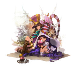  2girls alternate_costume bear_trap bittersweet_lulu boots bracelet brown_eyes brown_hair caitlyn_(league_of_legends) commentary cupcake dress eating food glint gun hat heterochromia highres jewelry league_of_legends long_hair lulu_(league_of_legends) multiple_girls nal_(nal&#039;s_pudding) photoshop_(medium) pix_(league_of_legends) purple_hair rifle sitting tears top_hat very_long_hair weapon witch_hat yordle 