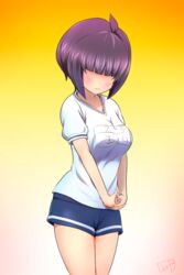  blue_shorts blunt_bangs blush breasts closed_mouth commentary_request cowboy_shot facing_viewer female gym_shirt gym_shorts gym_uniform hair_over_eyes large_breasts name_tag oishi_asuka own_hands_together picolette_xiii purple_hair ryuuou_no_oshigoto! shirt short_hair short_shorts short_sleeves shorts sidelocks signature solo white_shirt 