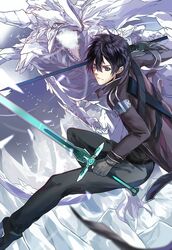  1boy action animal battle bird black_hair blue_eyes breath_weapon breathing_ice chinese_commentary citemer commentary_request crystal dark_repulser dragon dual_wielding elucidator energy gloves glowing_mouth grey_eyes holding holding_sword holding_weapon ice ice_crystal ice_dragon kirito magic monster outdoors slit_pupils sword sword_art_online unsheathed weapon western_dragon x&#039;rphan_the_white_wyrm 