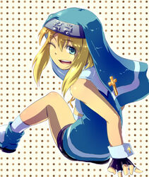  1boy androgynous arm_support bike_shorts blonde_hair bridget commentary_request cross cuffs fingerless_gloves gloves green_eyes guilty_gear guilty_gear_xx habit kakudai_(hujikolp) long_hair looking_back male_focus nun one_eye_closed open_mouth otoko_no_ko polka_dot polka_dot_background sitting smile solo teeth wrist_cuffs 