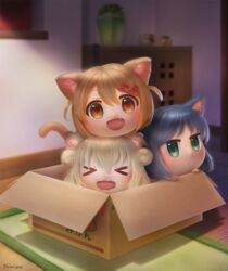  &gt;_&lt; 3girls :d animal_ears black_hair blonde_hair blurry box brown_eyes brown_hair cardboard_box cat_ears cat_girl cat_tail closed_eyes commentary depth_of_field green_eyes hair_ornament hairclip highres in_box in_container long_hair looking_at_viewer maa_(nyanko_days) mini_person minigirl multiple_girls nyanko_days open_mouth rou_(nyanko_days) shii_(nyanko_days) shiori2525 short_hair smile tail 