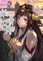  2girls 41cm_twin_gun_mount :3 bad_id bad_pixiv_id blue_eyes blush brick_wall brown_hair fairy_(kancolle) fence flower glasses hair_bun hairband holding holding_flower kantai_collection kneehighs kongou_(kancolle) lily_(flower) long_hair long_sleeves looking_at_viewer mini_person minigirl multiple_girls nontraditional_miko outdoors pleated_skirt ribbon-trimmed_sleeves ribbon_trim rimless_eyewear school_uniform serafuku shirt shoes short_hair single_hair_bun sitting skirt smile socks usami_(ym1989) wall white_legwear |_| 