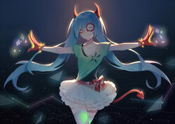  bad_id bad_pixiv_id blue_hair collarbone female floating_hair gloves hatsune_miku horns layered_skirt long_hair miniskirt project_diva_(series) project_diva_x red_gloves satisfaction_(kz)_(vocaloid) shirt short_sleeves skirt solo sudale tail thighhighs twintails very_long_hair vocaloid white_skirt white_thighhighs zettai_ryouiki 