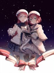  2girls :d blue_skirt book cicirelrel commentary green_eyes hair_ornament hat highres kurosawa_ruby long_hair love_live! love_live!_sunshine!! miniskirt multiple_girls open_book open_mouth parted_lips pleated_skirt red_hair sakurauchi_riko short_hair skirt smile star_(symbol) star_hair_ornament symbol-only_commentary thighhighs white_hat white_skirt yellow_eyes zettai_ryouiki 