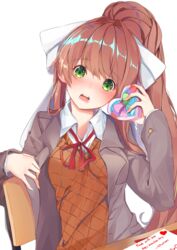  absurdres arm_rest artist_name blazer blush bow box breasts brown_hair chair collared_shirt commentary d: desk doki_doki_literature_club embarrassed english_commentary female gift gift_box green_eyes hairbow hand_up head_tilt heart heart-shaped_box high_ponytail highres holding holding_gift jacket letter long_hair long_sleeves looking_at_viewer medium_breasts monika_(doki_doki_literature_club) neck_ribbon nose_blush open_clothes open_jacket open_mouth orange_sweater ponytail red_ribbon ribbon school_desk school_uniform shirt sidelocks simple_background sitting solo sweater upper_body valentine variant_set white_background white_shirt wing_collar xhunzei 