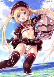  artist_name azur_lane blonde_hair bra character_name cloud commentary_request dada_(esoragoto) day female fingerless_gloves flat_chest gloves hair_ornament hair_ribbon hairclip hat jacket long_hair looking_at_viewer midriff navel oerba_yun_fang open_mouth outdoors panties photoshop_(medium) ribbon sky solo thighhighs training_bra twintails underwear z18_(azur_lane) 