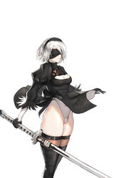  2b_(nier:automata) absurdres bad_id bad_pixiv_id black_blindfold black_dress black_gloves black_thighhighs blindfold breasts cleavage commentary covered_eyes dress feather-trimmed_sleeves female gloves hairband highres holding holding_sword holding_weapon katana legendwarrior leotard medium_breasts nier:automata nier_(series) photoshop_(medium) puffy_sleeves simple_background solo sword symbol-only_commentary thighhighs weapon white_background white_hair 