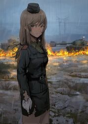  absurdres aged_down bad_id bad_twitter_id battle belt brown_eyes buckle closed_mouth commentary_request female fire flag girls_und_panzer gloves grass grey_sky hair_between_eyes hair_over_one_eye hat highres light_brown_hair long_hair long_sleeves looking_at_viewer military military_hat military_uniform military_vehicle motor_vehicle mud outdoors pencil_skirt rain shimada_chiyo skirt sky solo tank tomiya_(tomiya2117) torn_clothes torn_skirt uniform wet white_flag white_gloves 