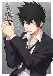  1boy black_hair black_jacket black_neckwear blue_eyes cigarette collared_shirt commentary_request formal grey_background gun handgun holding holding_gun holding_weapon jacket kougami_shin&#039;ya looking_at_viewer male_focus nakamura_sumikage psycho-pass revolver ruger_sp101 shirt short_hair simple_background smoking suit weapon white_shirt 