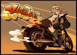  1boy blonde_hair boots english frown goggles goggles_on_head green_eyes lolicon looking_back motor_vehicle motorcycle original shorts smoke suparu_(detteiu) suspenders thighhighs vehicle 