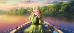  blonde_hair blue_eyes boat cloud cloudy_sky commentary_request female highres lake light_smile long_hair looking_at_viewer marnie_(omoide_no_marnie) nababa omoide_no_marnie original realistic scenery sky solo sunset watercraft 