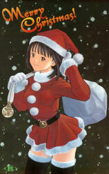  belt black_hair black_thighhighs brown_eyes carrying_over_shoulder christmas cowboy_shot female fur_trim gloves hand_to_head hat i&quot;s katsura_masakazu logo long_hair long_sleeves merry_christmas non-web_source official_art photoshop_(medium) sack santa_costume santa_hat skirt smile snowing solo thighhighs white_gloves yoshizuki_iori zettai_ryouiki 