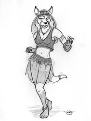  2017 anklet anthro belly_dancing bracelet breasts canid canine cleavage clothed clothing coin_belt dipstick_tail female fox gloves_(marking) greyscale headdress inner_ear_fluff inviting jewelry kittfur_(character) leg_markings looking_at_viewer mammal markings midriff monochrome motion_lines multicolored_tail navel necklace panties rabbi-tom ring smile socks_(marking) solo tail tail_markings translucent translucent_clothing tuft underwear 