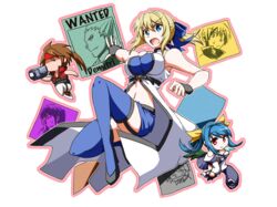  2girls asymmetrical_wings bare_shoulders black_thighhighs blonde_hair blue_eyes blue_hair blue_thighhighs boots bow breasts brown_hair chibi choker cleavage commentary_request crossover demitri_maximoff detached_sleeves dizzy_(guilty_gear) fingerless_gloves garter_straps genderswap_(mtf) gloves guilty_gear hairbow headband ky_kiske kyko kyon large_breasts long_hair m.u.g.e.n multiple_girls navel open_clothes open_mouth open_shirt ponytail red_eyes ribbon rule_63 ryuuri_(aoithigo) shirt shoes skirt smile sol_badguy suzumiya_haruhi_no_yuuutsu tail thighhighs transparent_background twintails vampire_(game) video_camera wanted wings zettai_ryouiki 