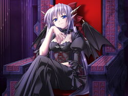  artist_request bangs black_dress blue_eyes blush bow breasts cleavage closed_mouth collarbone corset demon_girl demon_wings dress eyebrows_visible_through_hair female female game_cg hairbow half-closed_eyes hand_up horns juliet_sleeves legs_crossed long_hair long_sleeves looking_at_viewer ma_ga_ochiru_yoru medium_breasts pointy_ears puffy_sleeves purple_hair red_bow red_ribbon ribbon sheliss_elleness_zurbach shiny shiny_hair sitting smile smug solo throne wings 