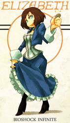  bioshock bioshock_infinite blue_eyes brown_hair character_name coin copyright_name dress elizabeth_(bioshock_infinite) female female full_body kome open_mouth solo 