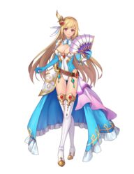  armor ass_visible_through_thighs belt blonde_hair boots braid breasts cleavage crown_braid elbow_gloves elbow_pads feathers female full_body gloves hair_ornament hand_fan highres holding large_breasts leotard lips long_hair looking_at_viewer official_art overskirt purple_eyes shoulder_armor shoulder_pads smile solo standing tenshi_mikadokuni thigh_boots thighhighs transparent_background turtleneck 