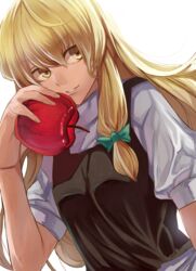  apple ashiwara_yuu bad_apple!! bad_hands blonde_hair commentary_request female food fruit hair_ribbon highres kirisame_marisa light_smile long_hair ribbon solo touhou upper_body yellow_eyes 