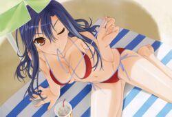  ;) absurdres arm_support barefoot beach beach_towel beach_umbrella bikini blue_hair breasts brown_eyes cleavage cup drink drinking_straw dutch_angle female foreshortening from_above front-tie_bikini_top front-tie_top hair_between_eyes highres large_breasts leaning light_smile long_hair mashiba_sayuri mouth_hold murakami_suigun navel one_eye_closed outdoors pia_carrot_(series) pia_carrot_e_youkoso!!_4 red_bikini ribbon ribbon_in_mouth scan seiza shade shadow side-tie_bikini_bottom sitting skindentation smile solo spread_legs string_bikini striped sweat swimsuit towel transparent umbrella undressing untied_bikini untying 