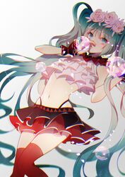  absurdres bad_id bad_pixiv_id bless_you_(module) commentary female floating_hair flower green_eyes green_hair hair_spread_out hatsune_miku head_wreath highres long_hair midriff navel nisoku_hokou_(vocaloid) project_diva_(series) project_diva_f_2nd red_thighhighs rose skirt solo thighhighs twintails very_long_hair vocaloid white_background zhibuji_loom 