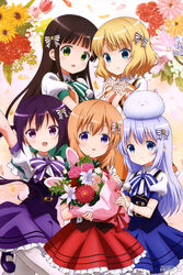  5girls :3 :d absurdres alternate_costume angora_rabbit animal animal_on_head arm_up blonde_hair blue_eyes blush bouquet bow bowtie brown_hair copyright_name double_horizontal_stripe dress flower gochuumon_wa_usagi_desu_ka? green_eyes hairbow hand_on_another&#039;s_shoulder highres holding holding_another&#039;s_arm holding_hands hoto_cocoa interlocked_fingers kafuu_chino kirima_syaro light_purple_hair long_hair mary_janes matching_outfits megami_magazine multiple_girls official_art okuda_yousuke on_head open_mouth parted_lips puffy_sleeves purple_eyes purple_hair rabbit scan shirt shoes short_hair short_sleeves smile striped_bow striped_bowtie striped_clothes tedeza_rize tippy_(gochiusa) twintails ujimatsu_chiya vest watermark white_legwear wing_collar wrist_cuffs 