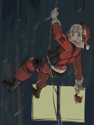  blue_eyes commentary_request female gloves hat headphones knee_pads kuro4221 load_bearing_equipment original rappelling rope santa_costume santa_hat solo white_gloves white_hair 