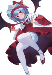  absurdres apple bat_wings blue_hair bow bowtie closed_mouth commentary_request dress female flower food foot_out_of_frame fruit head_wreath high_heels highres holding holding_food holding_fruit long_sleeves looking_at_viewer medium_hair pantyhose red_bow red_bowtie red_brooch red_dress red_eyes red_flower red_footwear red_nails red_rose remilia_scarlet rose shirt simple_background skirt solo touhou white_background white_pantyhose white_shirt white_skirt wide_sleeves wings yuhezi 