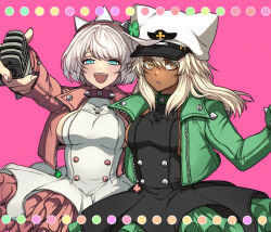  ahoge black_dress blonde_hair blue_eyes blush bracelet breasts clover collar dark-skinned_female dark_skin dress ebi_pri_shrimp elphelt_valentine four-leaf_clover frilled_dress frills green_dress green_jacket guilty_gear guilty_gear_strive hair_between_eyes hairband highres holding holding_microphone huge_ahoge jacket jewelry long_hair long_sleeves looking_at_viewer medium_breasts microphone open_mouth orange_eyes pink_background pink_dress pink_jacket pink_nails ramlethal_valentine short_hair siblings sideboob sisters smile spiked_bracelet spiked_collar spiked_hairband spikes two-tone_dress white_dress white_hair 