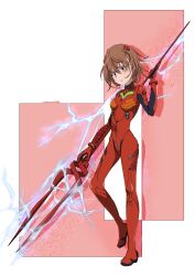  absurdres bandages bodysuit brown_eyes brown_hair cosplay electricity electrokinesis evangelion:_2.0_you_can_(not)_advance full_body highres lance lance_of_longinus_(evangelion) misaka_mikoto neon_genesis_evangelion plugsuit polearm railtracer8888 rebuild_of_evangelion red_bodysuit short_hair souryuu_asuka_langley souryuu_asuka_langley_(cosplay) standing toaru_kagaku_no_railgun toaru_majutsu_no_index weapon 