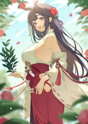  absurdres animal_ears ariko_(aaaaarik) azur_lane bare_shoulders black_hair blurry braid breasts commentary daisen_(azur_lane) depth_of_field detached_sleeves falling_petals female flower hair_flower hair_ornament hakama hakama_skirt highres hip_vent holding horse_ears horse_girl japanese_clothes kimono large_breasts long_hair looking_at_viewer miko nontraditional_miko open_mouth petals purple_eyes red_flower red_hakama red_petals sideboob single_braid skirt sleeveless sleeveless_kimono solo symbol-only_commentary white_kimono wide_sleeves 