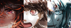  3girls black_hair blood blood_in_hair blood_on_clothes blood_on_face blue_eyes brown_hair closed_mouth commentary_request crying crying_with_eyes_open embers enomoto_noa eyelashes fire hair_between_eyes highres korean_commentary kumazaki_karen looking_at_viewer multiple_girls onun open_mouth purple_eyes saibou_shinkyoku smile tears teeth upper_teeth_only yanagi_nina 