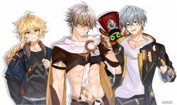  3boys abs aether_(genshin_impact) aether_(genshin_impact)_(cosplay) ahoge artist_name bangboo_(zenless_zone_zero) black_gloves black_jacket black_shirt blonde_hair blue_jacket blush braid brown_pants brown_shirt caelus_(honkai:_star_rail) caelus_(honkai:_star_rail)_(cosplay) closed_mouth commentary company_connection cosplay costume_switch cowboy_shot cropped_shirt crossed_bangs drop_shadow fingerless_gloves genshin_impact gloves green_eyes grey_hair groin hair_between_eyes highres honkai:_star_rail honkai_(series) hood hooded_jacket jacket leafiane long_hair long_sleeves looking_at_viewer looking_down making-of_available male_focus midriff mihoyo multiple_boys navel open_clothes open_mouth pants pom-pom_(honkai:_star_rail) pom-pom_(honkai:_star_rail)_(cosplay) scarf shadow shirt short_hair short_sleeves simple_background single_braid standing thumbs_up trailblazer_(honkai:_star_rail) white_background white_scarf white_shirt wise_(zenless_zone_zero) wise_(zenless_zone_zero)_(cosplay) yellow_eyes zenless_zone_zero 