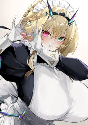  absurdres apron barghest_(fate) barghest_(swimsuit_archer)_(fate) barghest_(swimsuit_archer)_(second_ascension)_(fate) black_dress blonde_hair blush breasts collared_dress dress fate/grand_order fate_(series) female gloves green_eyes heart heart_hands heterochromia highres horns huge_breasts kino_kokko long_sleeves looking_at_viewer maid maid_headdress medium_hair red_eyes solo white_apron white_gloves 