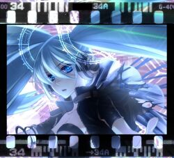  black_jacket blue_eyes blue_hair breasts cleavage collarbone female film_reel hatsune_miku headphones jacket looking_at_viewer lowres magic_circle parted_lips sakamoto_akira short_sleeves solo twintails upper_body vocaloid 