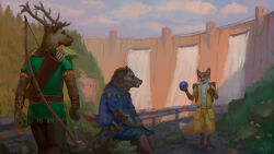  16:9 4_toes 5_fingers anthro antlers armlet armor asphalt athletic athletic_anthro athletic_male backpack belt biped blue_clothing bow_(weapon) bracers brown_body brown_feet brown_fur brown_hands canid canine cervine cheek_tuft claws clothed clothing conqista countershade_face countershade_fur countershade_torso countershading dam deer detailed_background digital_media_(artwork) digital_painting_(artwork) digitigrade dipstick_tail eeah elk eye_contact facial_tuft feet fingers fox fully_clothed fully_clothed_anthro fungus fur gloves_(marking) grass green_clothing guardrail hi_res holding_object horn inherit_the_earth:_quest_for_the_orb looking_at_another male mammal markings medieval_clothing melee_weapon monotone_body monotone_fur multicolored_body multicolored_fur mushroom okk orange_body orange_fur orb outside overweight overweight_anthro overweight_male pauldron paws plant quiver_(object) ranged_weapon rif rock rust scabbard shirt signature sitting standing suid suina sus_(pig) sword tail tail_markings toes topwear tuft tunic tusks weapon white_body white_fur widescreen wild_boar yellow_clothing 