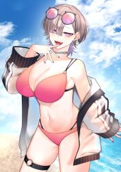  beach belt bikini blue_sky breasts choker cleavage cloud day earrings fangs female finger_to_mouth gomo grey_hair hair_over_one_eye highres horizon jacket jewelry large_breasts looking_at_viewer navel ocean open_clothes open_jacket open_mouth original outdoors pink_eyes sand shore sky solo stud_earrings swimsuit thigh_belt thigh_strap translucent water 