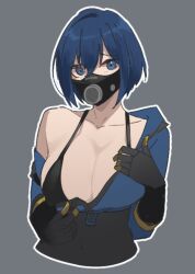  black_bra black_gloves blu_pyro_(tf2) blue_bodysuit blue_eyes blue_hair bodysuit bra breasts cleavage collared_shirt english_commentary female gas_mask genderswap_(otf) gloves grey_background highres large_breasts looking_at_viewer mask nuggetkouhai open_bodysuit open_clothes outline pyro_(tf2) rule_63 shirt solo team_fortress_2 underwear upper_body white_outline zipper zipper_pull_tab 