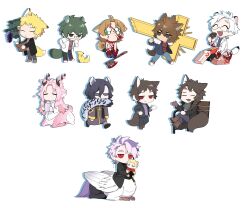  6+boys :3 ^_^ absurdres animal_ear_fluff animal_ears animalization antlers atou_haruki axe bell biting_own_tail black_coat black_footwear black_hair black_jacket black_pants black_shirt blonde_hair blood blood_on_clothes blood_on_face blood_on_hands blood_on_weapon blue_pants boots brown_footwear brown_hair brown_shirt cat_ears cat_tail centauroid character_doll chibi chibi_only closed_eyes coat collar collared_shirt commentary_request cup deer_antlers deer_boy deer_ears dog_boy dog_ears dog_tail doughnut earrings food fox fox_boy fox_ears fox_tail fruit glasses gold_trim grapes green_eyes green_hair green_scarf hair_between_eyes hand_on_own_hip hand_up harada_minoru hatsutori_hajime highres holding holding_cup horns hunyangzi isoi_reiji jacket jewelry jingle_bell jitome kanou_aogu kemonomimi_mode korean_commentary lab_coat long_hair long_sleeves male_focus medium_hair multicolored_hair multiple_boys no_nose oerba_yun_fang on_bench open_clothes open_coat open_jacket open_mouth open_shirt otowa_rui_(saibou_shinkyoku) pants parted_bangs pink_hair purple_coat purple_eyes purple_hair purple_sweater raccoon_boy raccoon_ears raccoon_tail red_collar red_eyes red_footwear red_shirt rumeld_othmayer saibou_shinkyoku scar scar_on_face scar_on_forehead scarf semi-rimless_eyewear shinano_eiji shirt short_hair simple_background sitting smile snow_leopard_boy snow_leopard_ears snow_leopard_tail stole sweater tail tank_top taur theodore_riddle turtleneck turtleneck_sweater two-tone_hair utsugi_noriyuki v-shaped_eyebrows weapon white_background white_hair white_shirt white_tank_top wolf_boy wolf_ears wolf_tail 